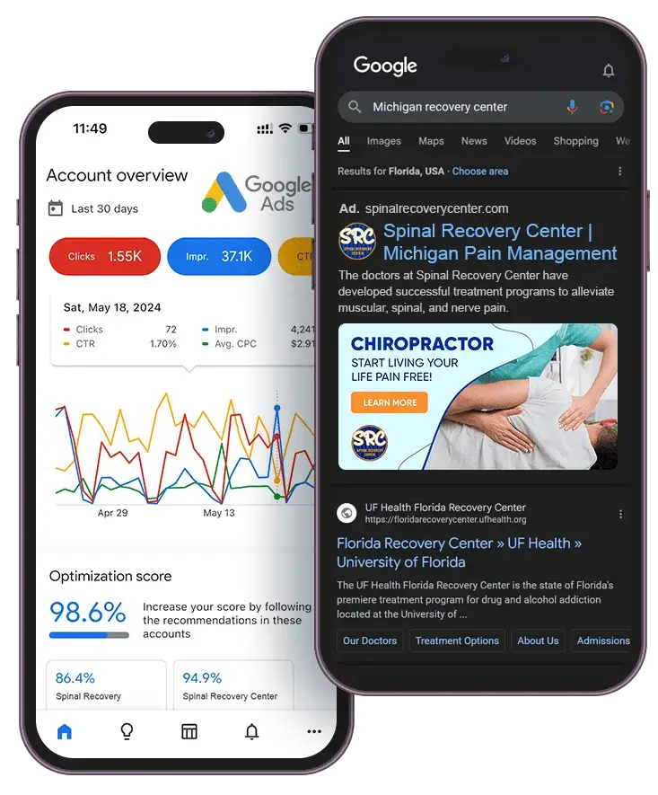 Google Ads Report Showing Spinal Website Statistics on Phone